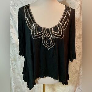Charming Charlie Black with Silver Sequin Detail Scoop Neck Top